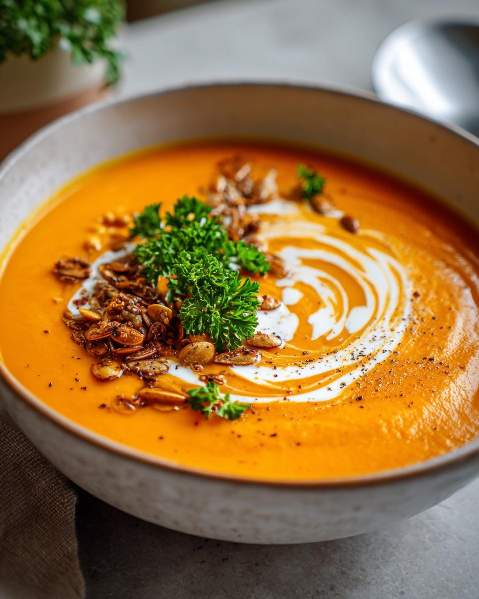Nahaufnahme einer Schüssel Die Beste Kürbissuppe, garniert mit Kürbiskernen, Sahne und Petersilie.