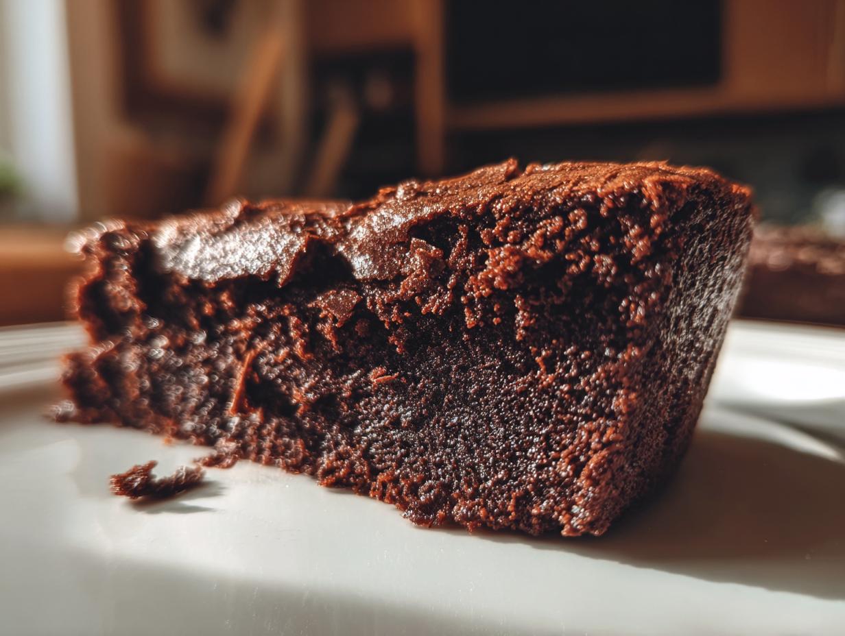 Nahaufnahme eines Stücks vom besten Schokokuchen Rezept, das saftig und schokoladig aussieht.