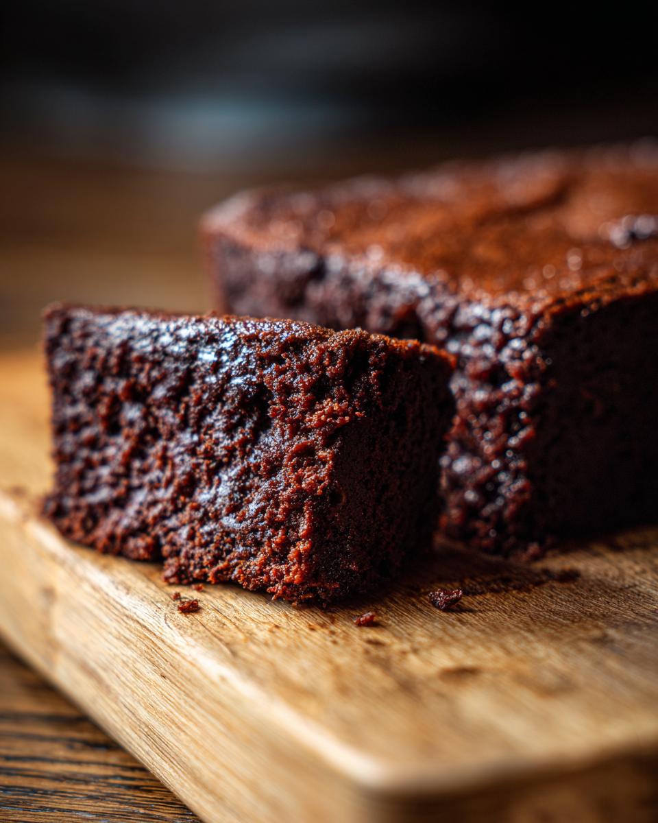 Close-up of a slice of saftiger Schokokuchen Rezept (chocolate cake) on a wooden board.
