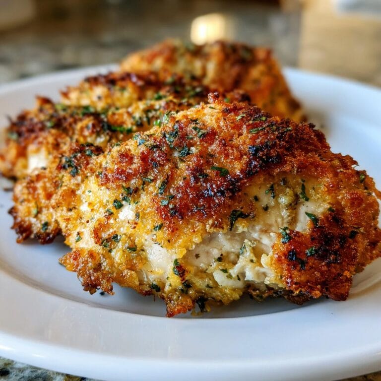 Nahaufnahme von Blech knuspriges Parmesan-Knoblauch-Hähnchen Filets auf einem Teller, garniert mit Kräutern.