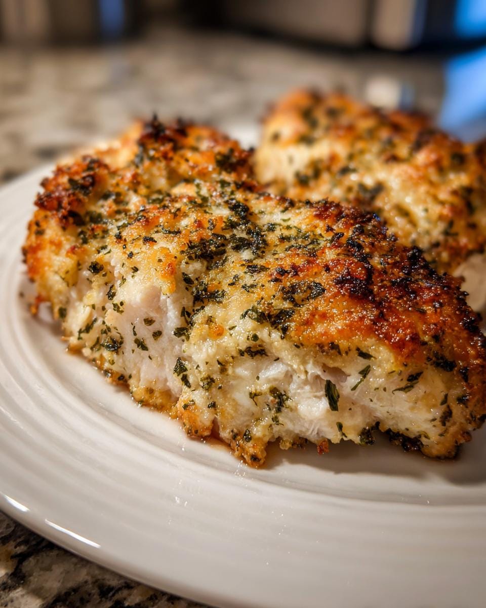 Close-up of Blech knuspriges Parmesan-Knoblauch-Hähnchen (crispy parmesan garlic chicken) on a white plate.