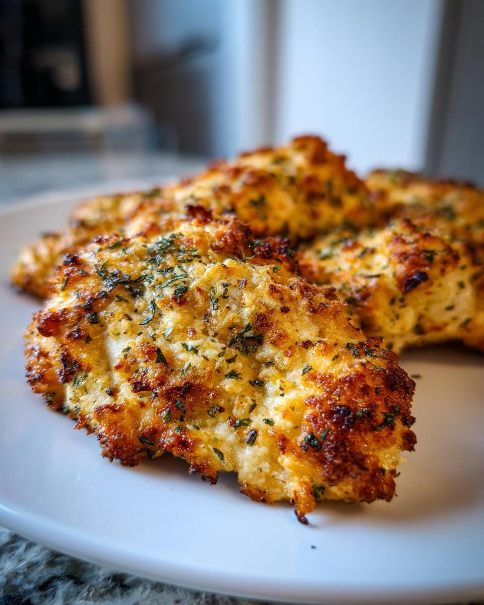 Close-up of Blech knuspriges Parmesan-Knoblauch-Hähnchen (crispy Parmesan garlic chicken) on a white plate.