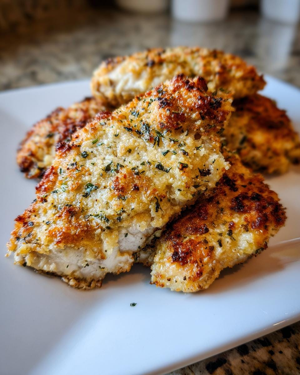 Close-up of Blech knuspriges Parmesan-Knoblauch-Hähnchen (crispy parmesan garlic chicken) on a white plate.