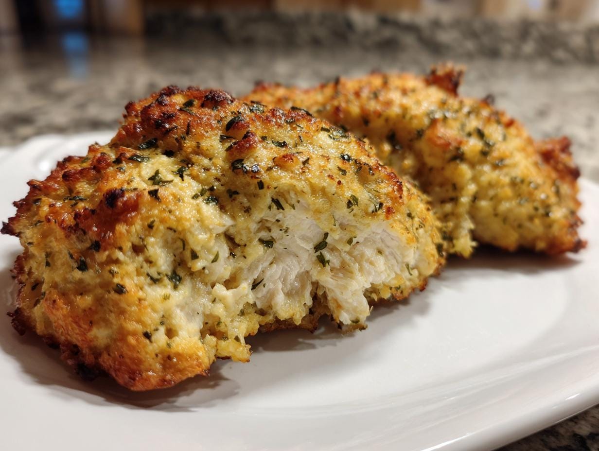 Close-up of Blech knuspriges Parmesan-Knoblauch-Hähnchen on a white plate, showing the crispy crust and juicy chicken.