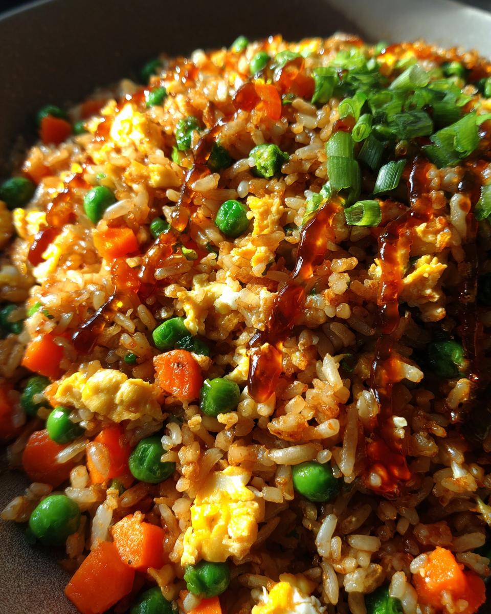 Close-up of Asian Blitz-Bratreis with carrots, peas, egg, and green onions, drizzled with sauce.