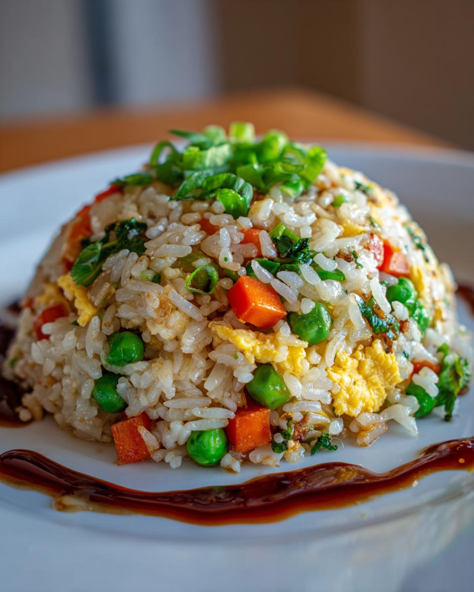 A serving of Blitz-Bratreis Asiatisch, featuring rice, vegetables, egg, and a savory sauce drizzle.