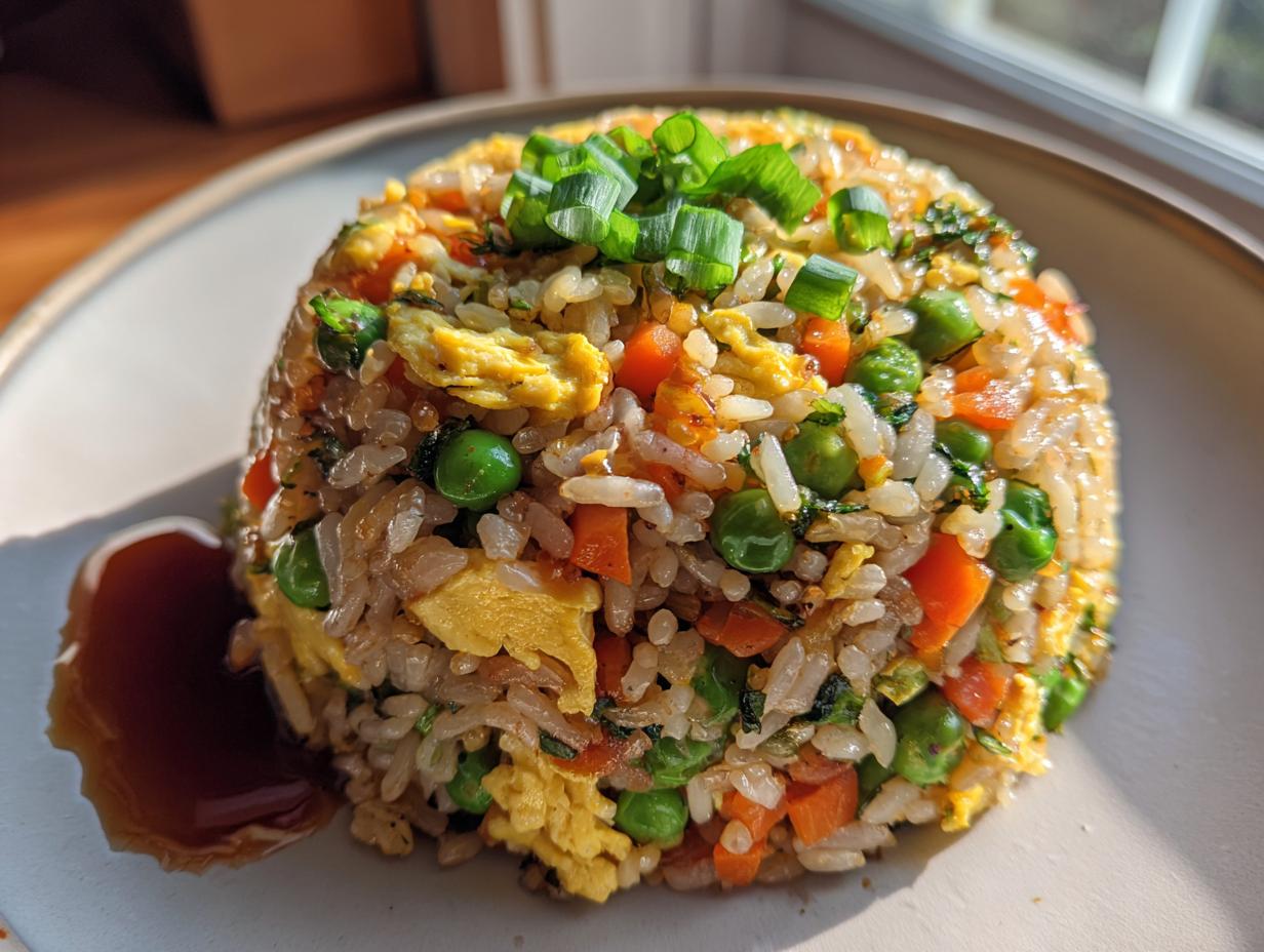 A serving of Blitz-Bratreis Asiatisch featuring rice, peas, carrots, egg, and green onions, with a sauce drizzle.