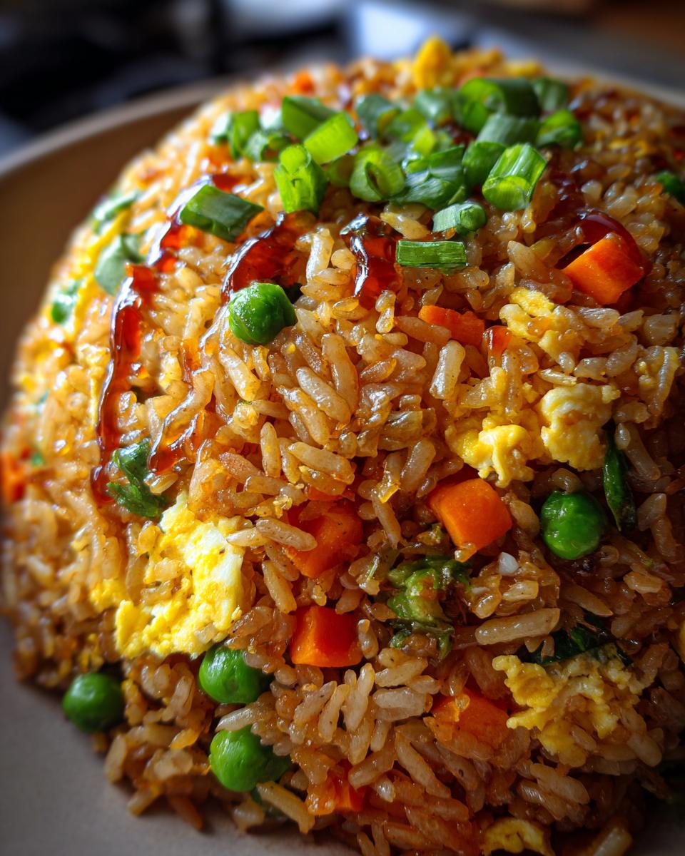 Close-up of Blitz-Bratreis Asiatisch with rice, vegetables, egg, and sauce.