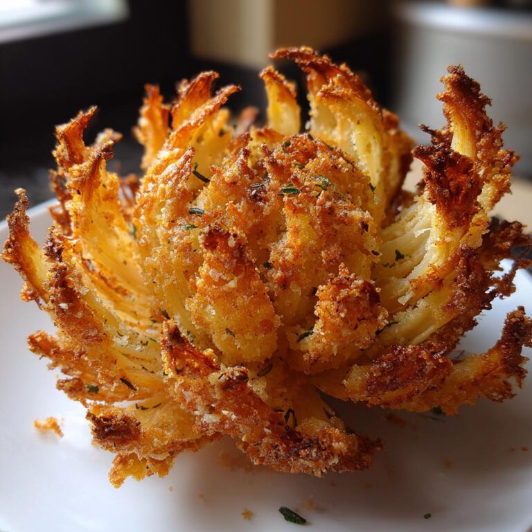 Nahaufnahme einer goldenen, knusprigen Blühende Zwiebel aus der Heißluftfritteuse auf einem weißen Teller.