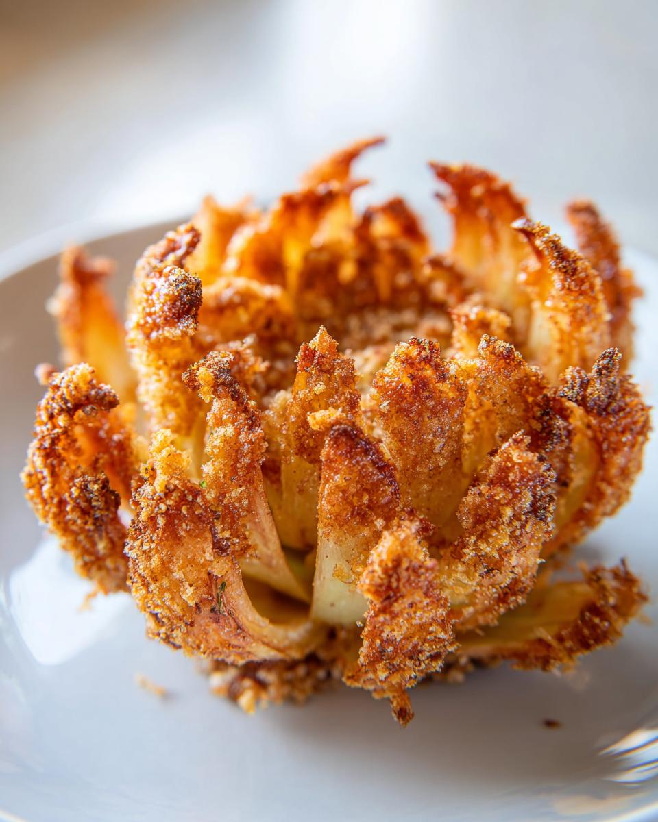 Nahaufnahme einer knusprigen, blühenden Zwiebel aus der Heißluftfritteuse auf einem Teller.