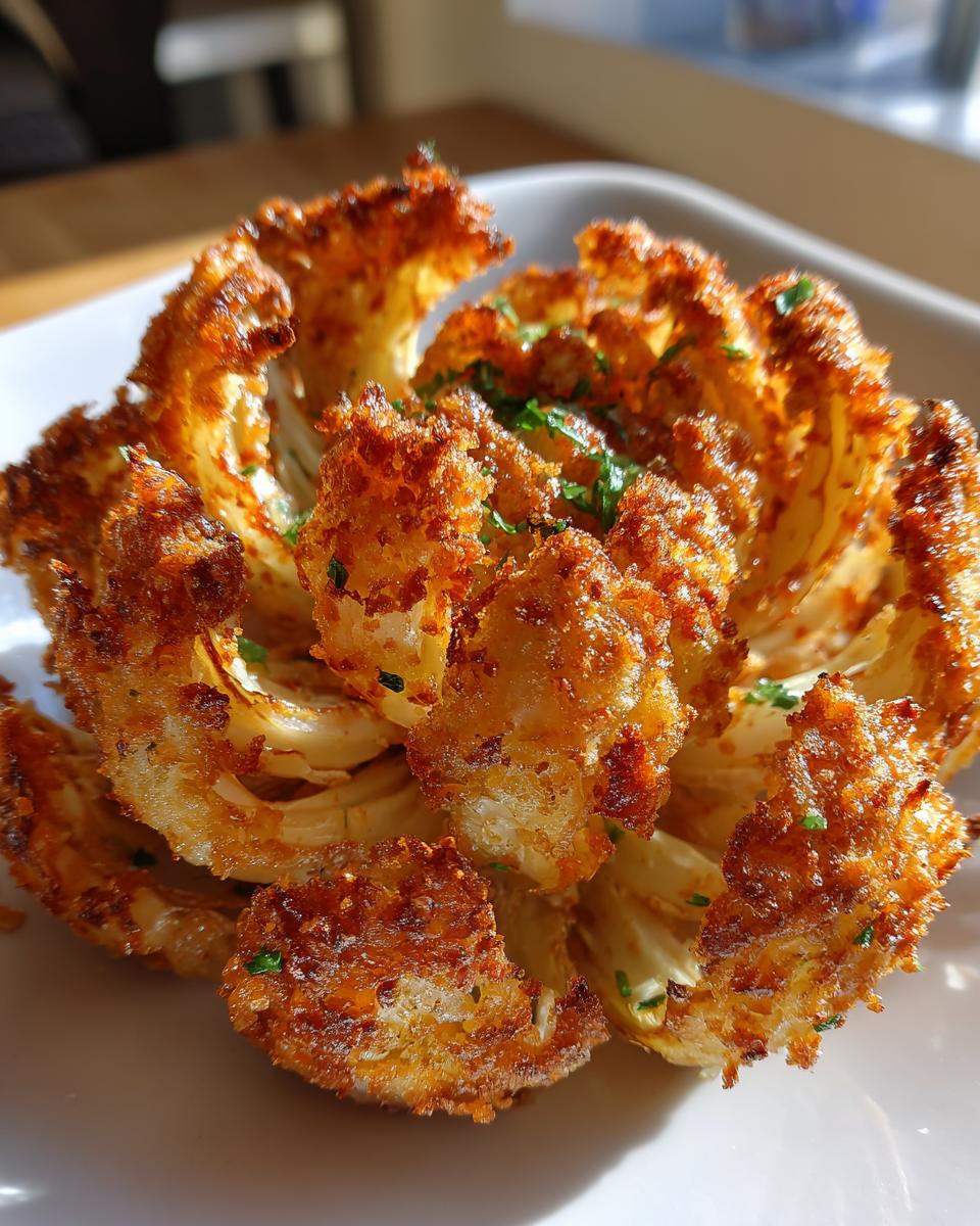 Close-up of a Blühende Zwiebel aus der Heißluftfritteuse, garnished with herbs, on a white plate.