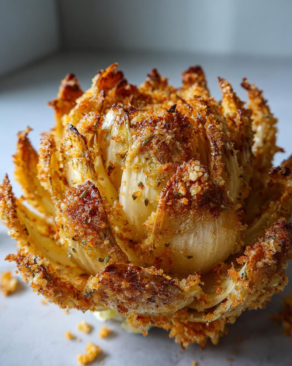 Nahaufnahme einer knusprigen Blühende Zwiebel aus der Heißluftfritteuse, goldbraun und appetitlich.