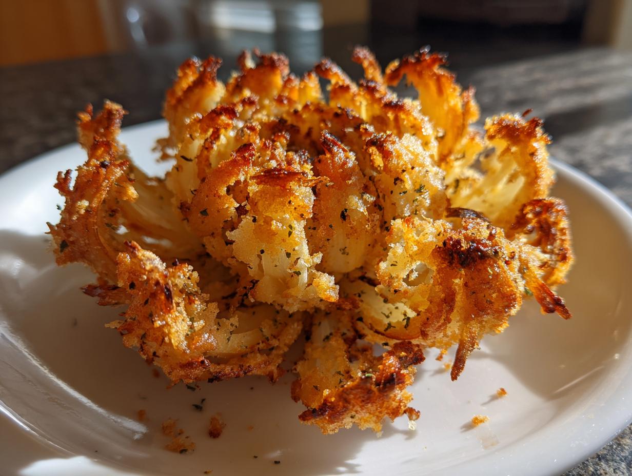 Nahaufnahme einer knusprigen Blühende Zwiebel aus der Heißluftfritteuse auf einem Teller.