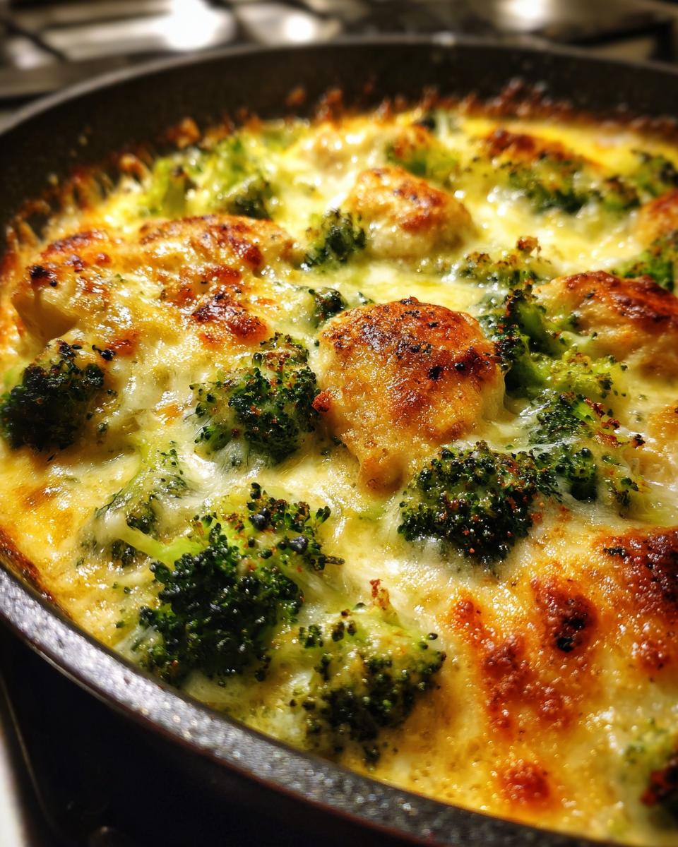 Close-up of a delicious Brokkoli Auflauf (broccoli casserole) with cheese and chicken.