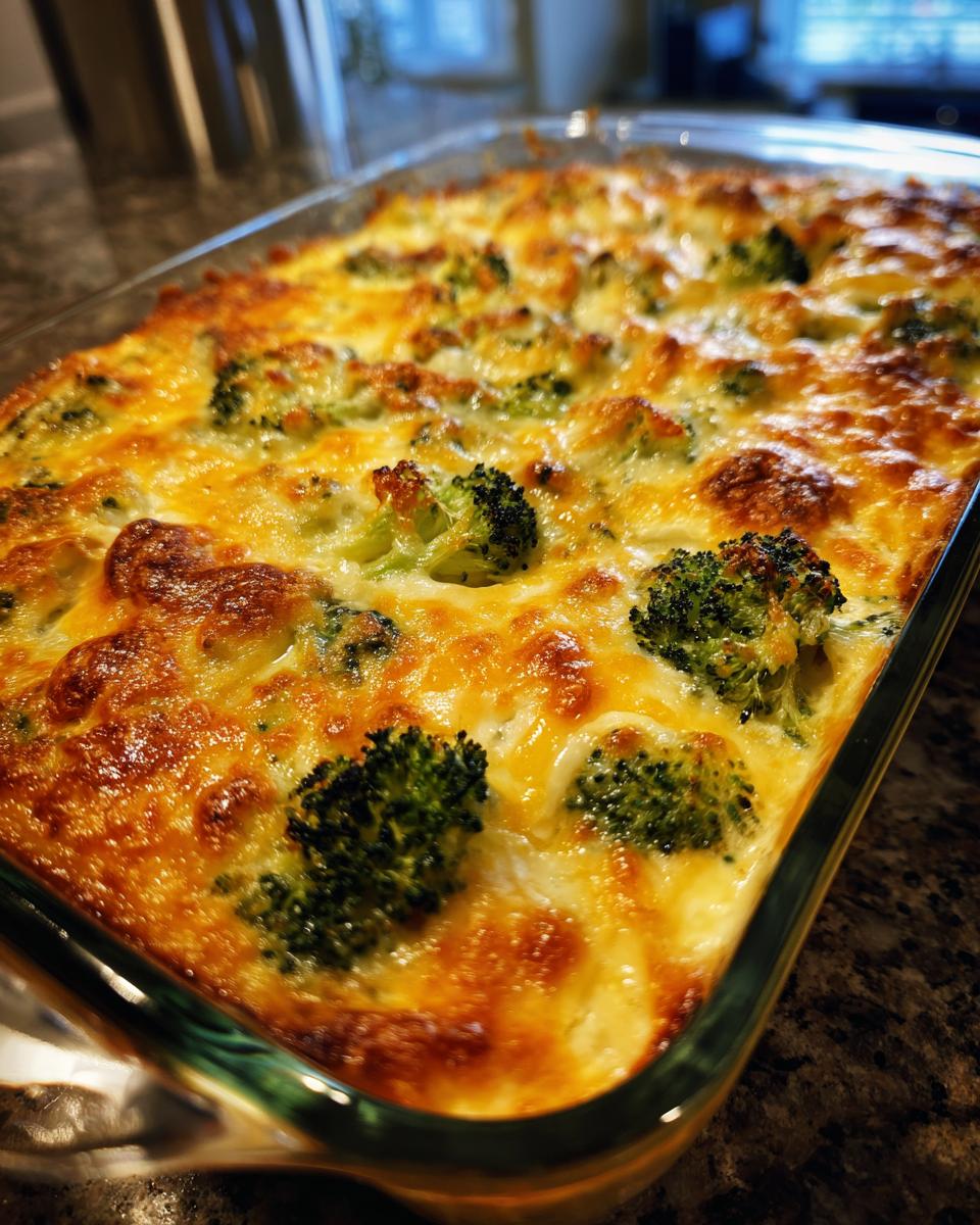 Close-up of a golden, cheesy Brokkoli Auflauf (broccoli casserole) in a glass baking dish.