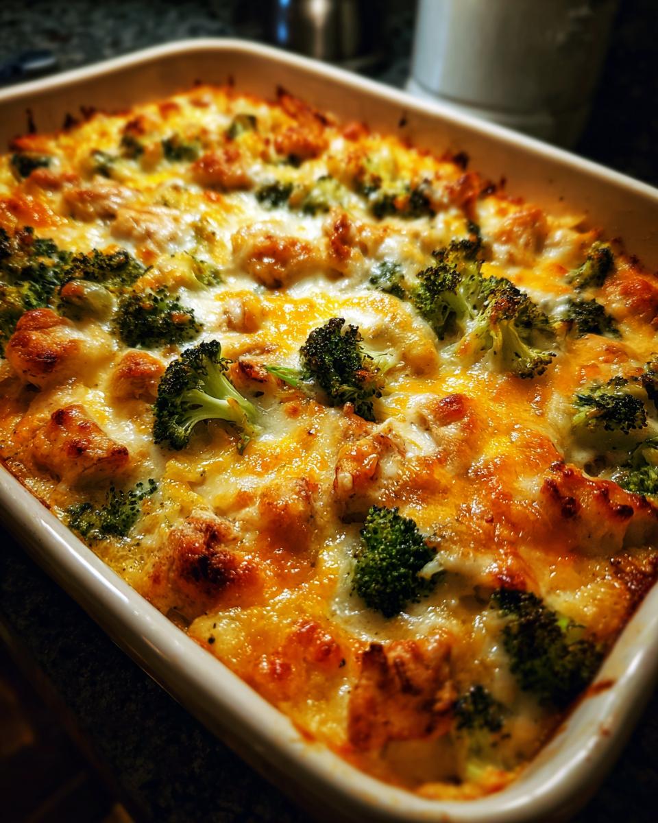 Delicious homemade Brokkoli Auflauf (broccoli casserole) with melted cheese in a baking dish.