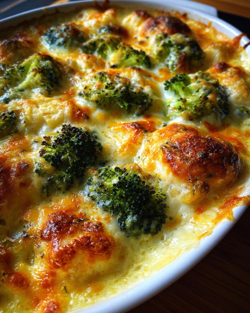Close-up of a cheesy Brokkoli Auflauf (broccoli casserole) with golden-brown topping.