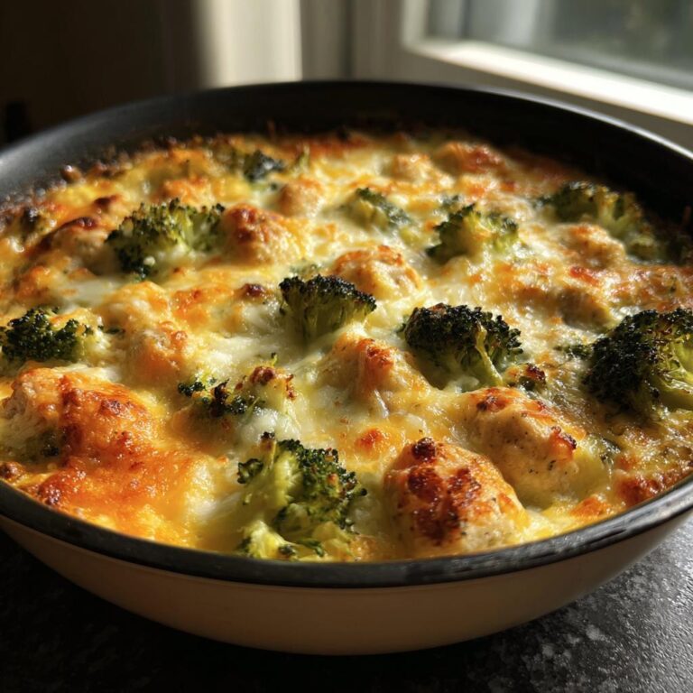 Close-up of a delicious Brokkoli Auflauf, a German broccoli casserole with melted cheese.