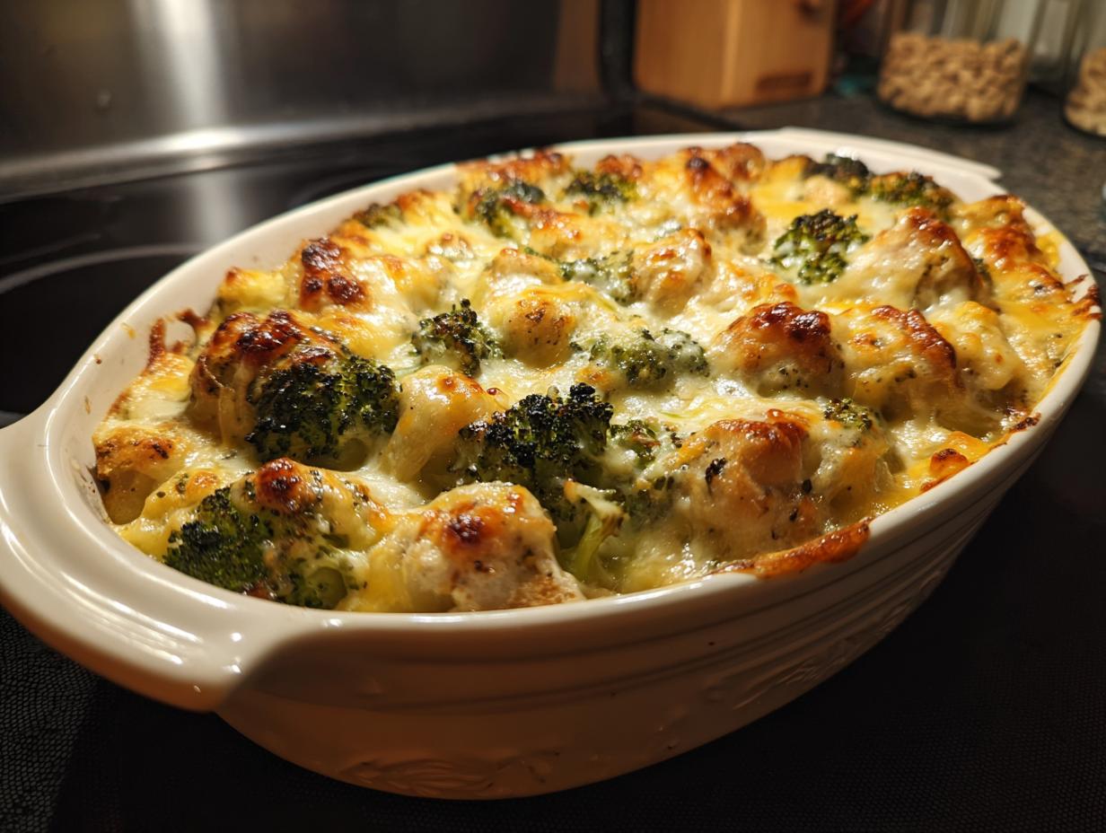 Nahaufnahme eines köstlichen Brokkoli Auflauf mit geschmolzenem Käse in einer Auflaufform.
