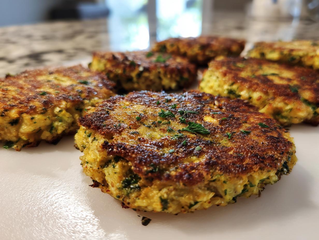 Close-up of Brokkoli Käsetaler, showing golden-brown patties with visible broccoli and cheese.