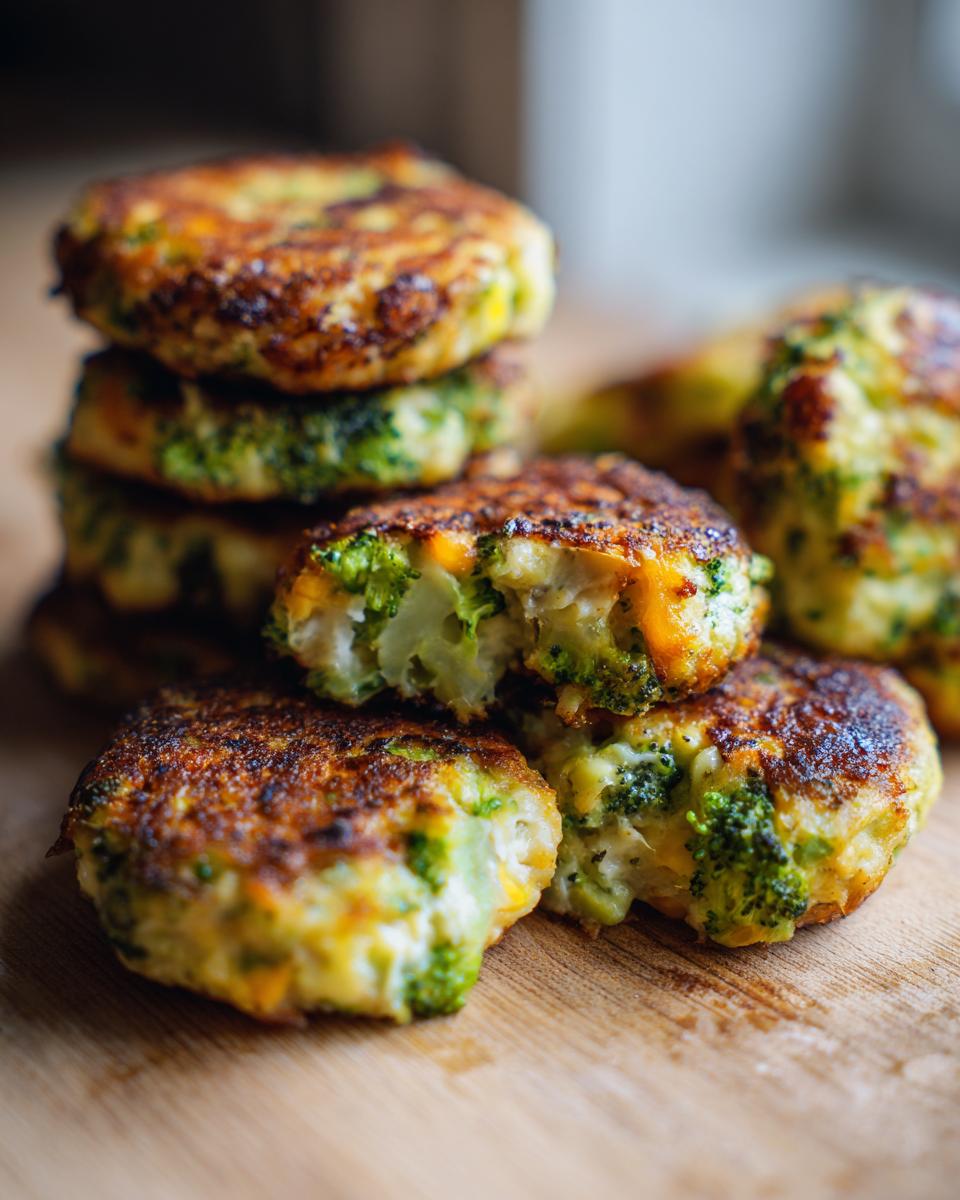 Stack of golden-brown Brokkoli Käsetaler (broccoli cheese fritters) on a wooden board.