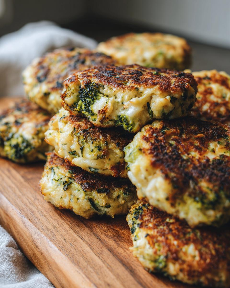 A stack of golden-brown Brokkoli Käsetaler (broccoli cheese fritters) on a wooden cutting board.