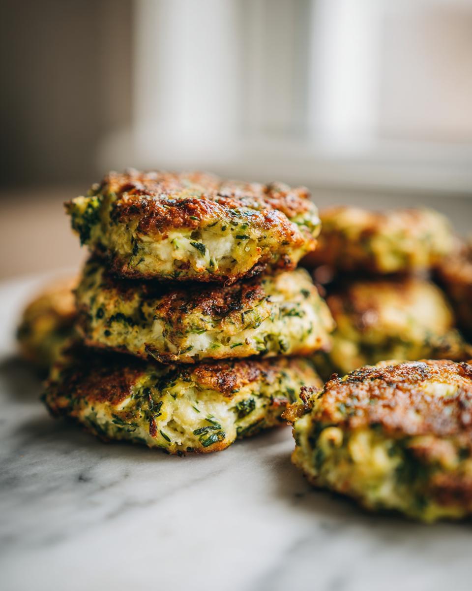 Stack of golden-brown Brokkoli Käsetaler (broccoli cheese fritters) on a marble surface.