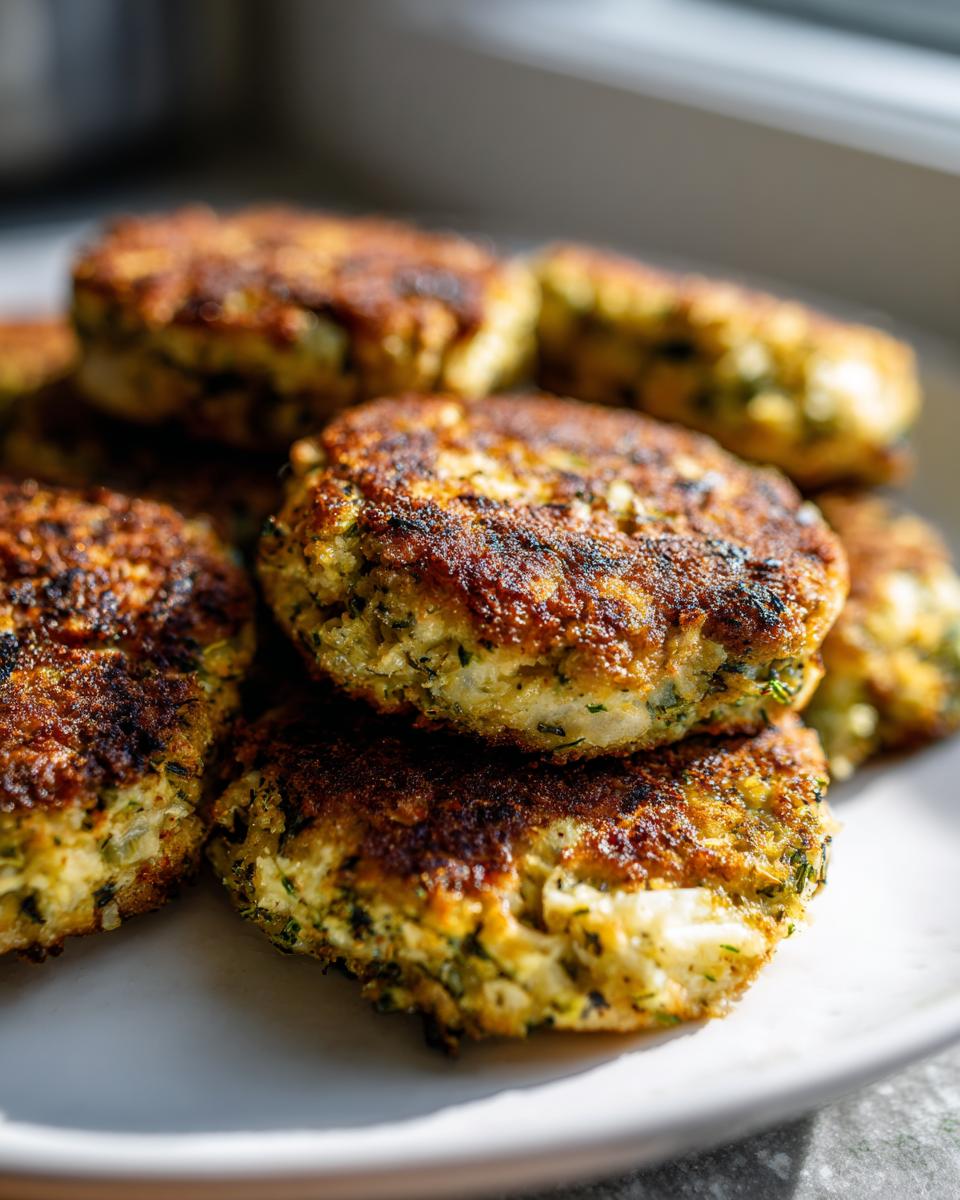 A stack of golden-brown Brokkoli Käsetaler (broccoli cheese patties) on a white plate, ready to eat.