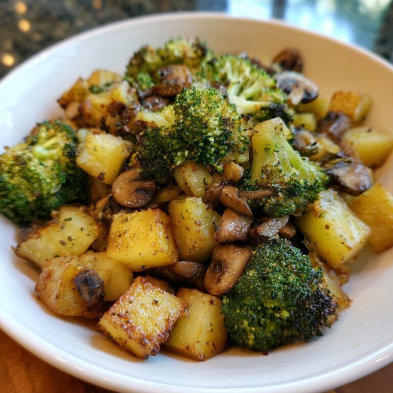 Close-up of Brokkoli Kartoffel Pfanne mit Pilzen served in a white bowl. Potatoes, broccoli, and mushrooms are visible.
