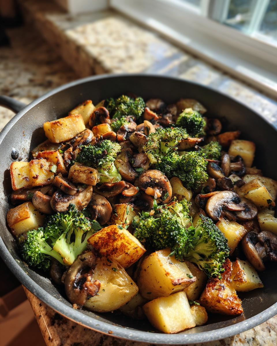 Delicious Brokkoli Kartoffel Pfanne mit Pilzen in a skillet, ready to serve.