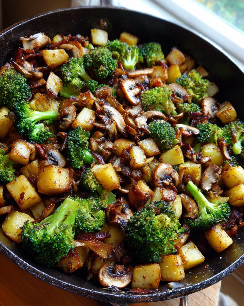 Brokkoli Kartoffel Pfanne mit Pilzen, zubereitet in einer schwarzen Pfanne. Nahaufnahme des fertigen Gerichts.