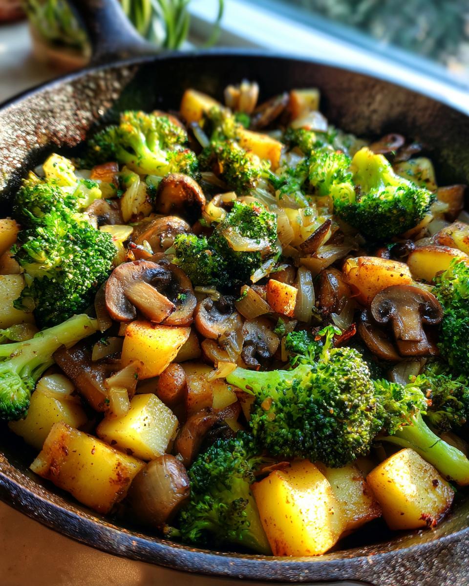 Close-up of Brokkoli Kartoffel Pfanne mit Pilzen in a pan, featuring broccoli, potatoes, and mushrooms.