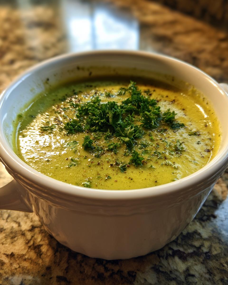 Close-up of a bowl of creamy Brokkoli Kartoffel Suppe, garnished with fresh parsley and pepper.
