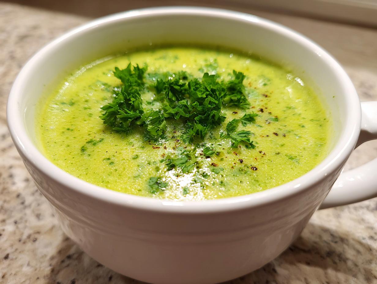 A bowl of creamy Brokkoli Kartoffel Suppe, garnished with fresh parsley. A comforting German soup.