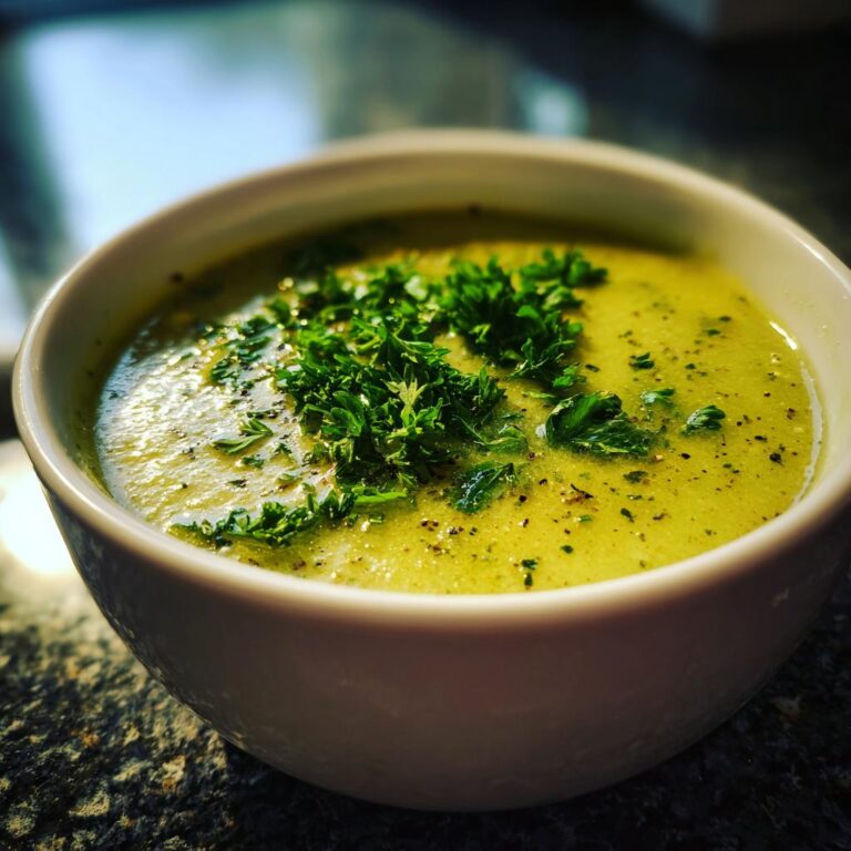 Bowl of creamy Brokkoli Kartoffel Suppe garnished with fresh parsley.