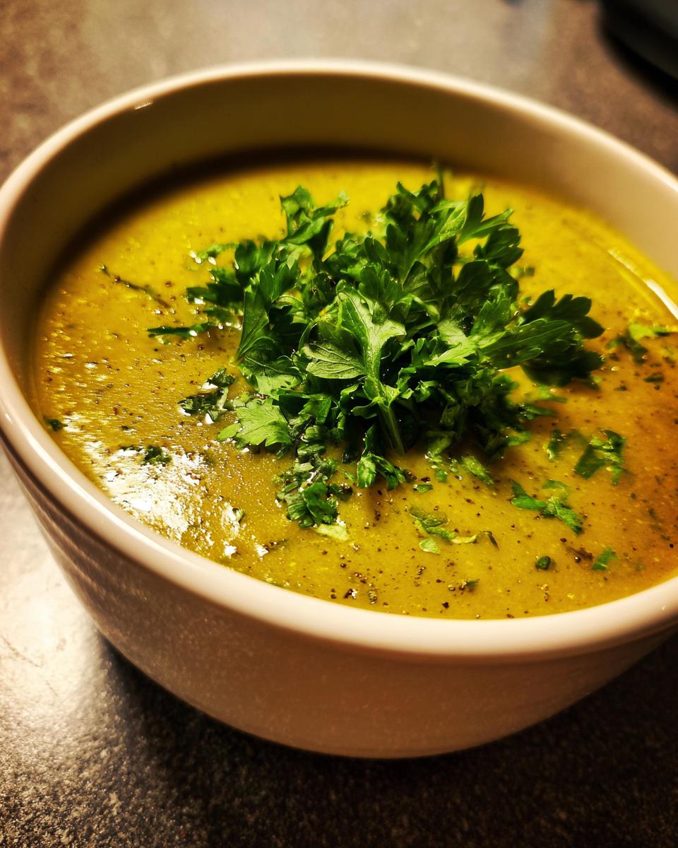 Bowl of Brokkoli Kartoffel Suppe garnished with fresh parsley. Creamy German soup.