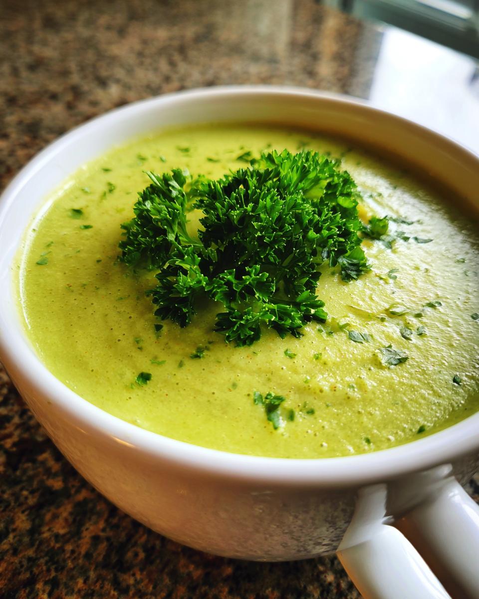 Close-up of a bowl of Brokkoli Kartoffel Suppe, garnished with fresh parsley.