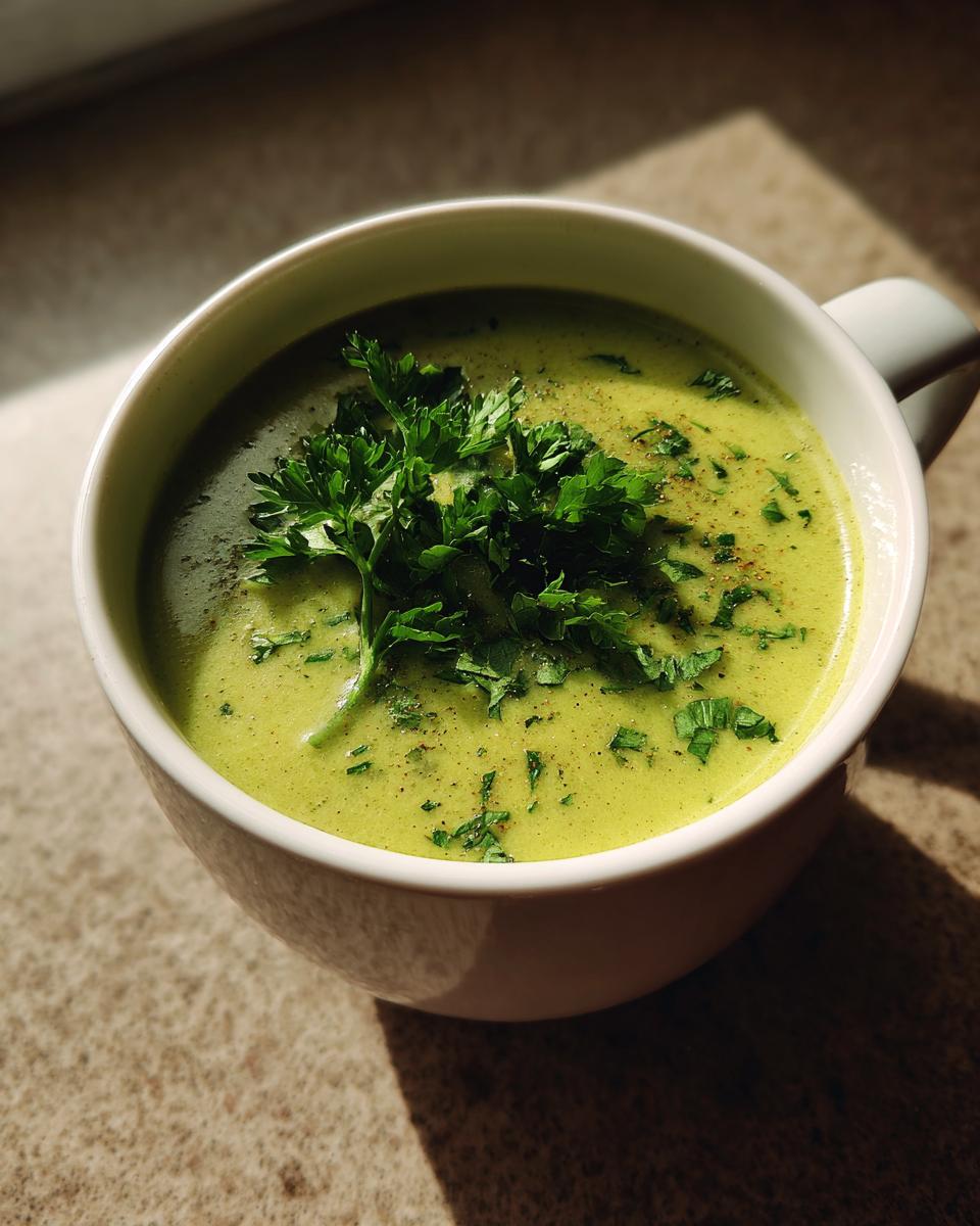 Close-up of Brokkoli Kartoffel Suppe in a white bowl, garnished with fresh parsley.