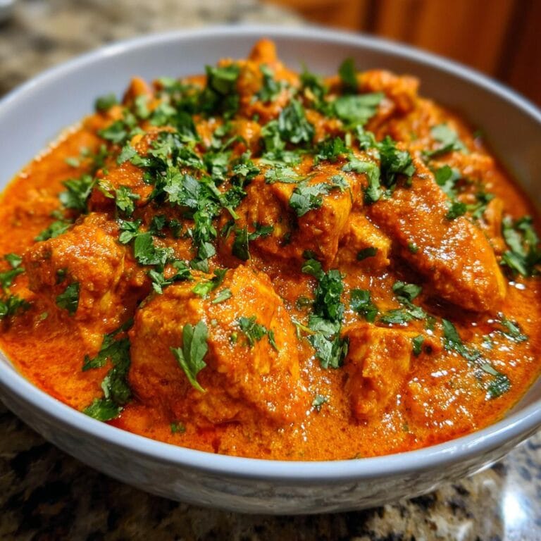 Nahaufnahme von Butter Chicken zum Lieblingsessen in einer Schüssel, garniert mit frischer Petersilie.