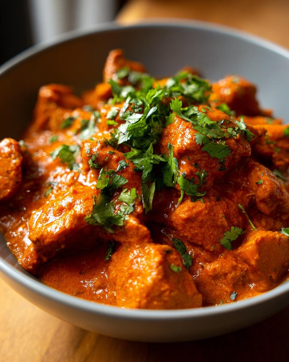 Bowl of creamy Butter Chicken zum Lieblingsessen, garnished with fresh cilantro.