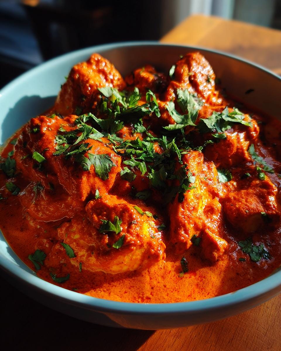 Bowl of creamy Butter Chicken zum Lieblingsessen, garnished with fresh parsley.
