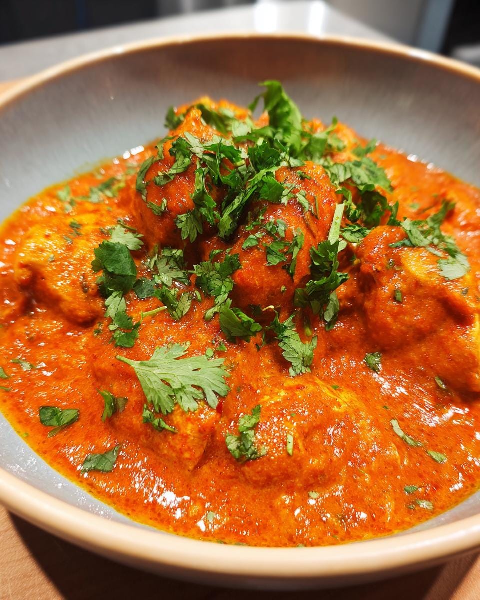 Close-up of a bowl of Butter Chicken zum Lieblingsessen, garnished with fresh cilantro.