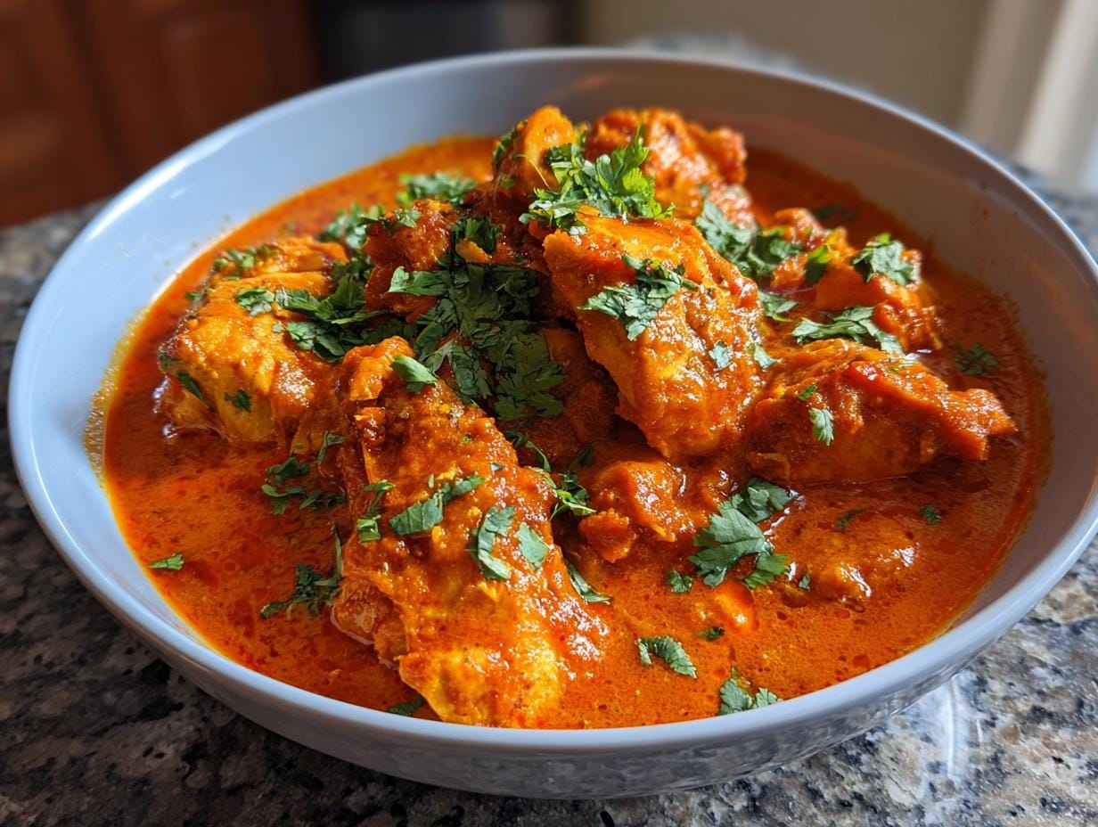 Bowl of creamy Butter Chicken zum Lieblingsessen, garnished with fresh cilantro.