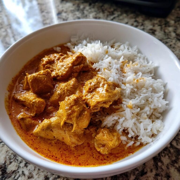 Bowl of Butter Chicken mit Reis für cremiges Curry. Creamy curry sauce and tender chicken pieces served with fluffy white rice.