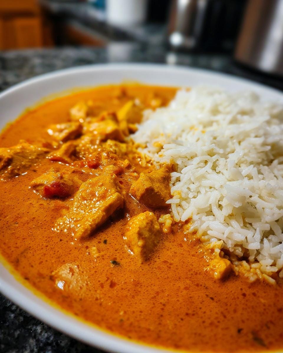 Delicious Butter Chicken mit Reis für cremiges Curry served on a white plate.