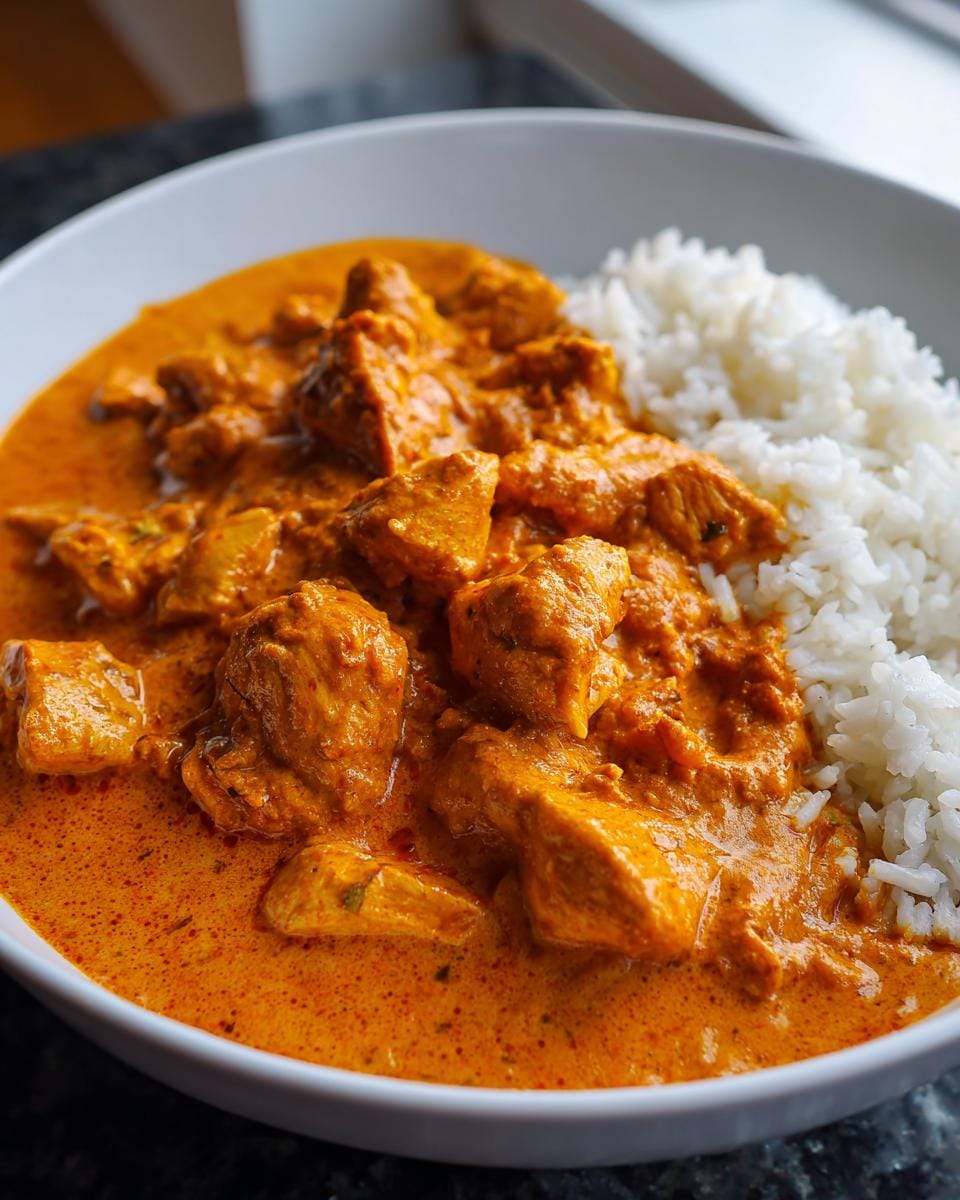 A bowl of Butter Chicken mit Reis für cremiges Curry, featuring tender chicken in a rich, creamy sauce served with fluffy white rice.