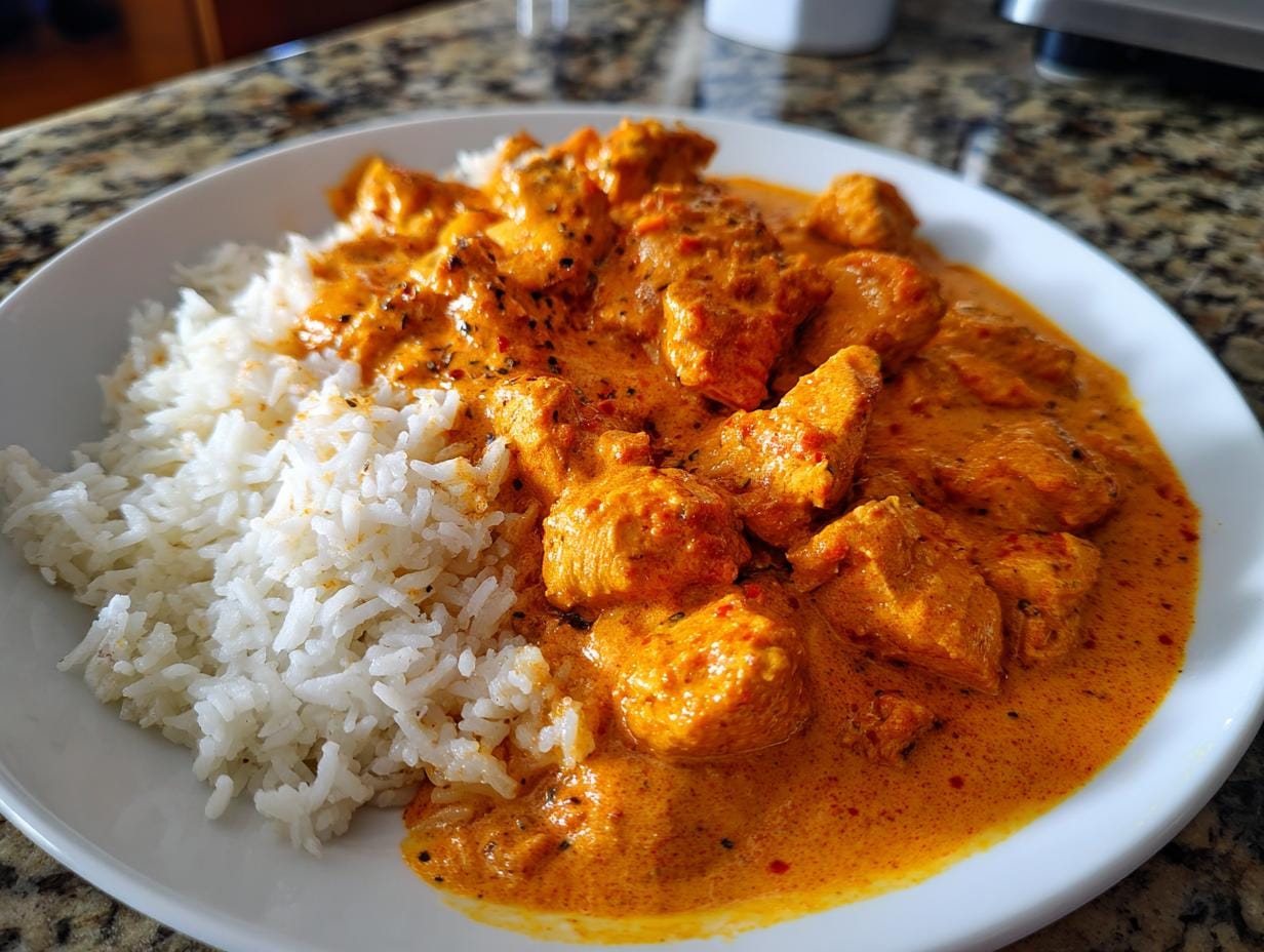 Delicious Butter Chicken mit Reis für cremiges Curry served on a white plate.
