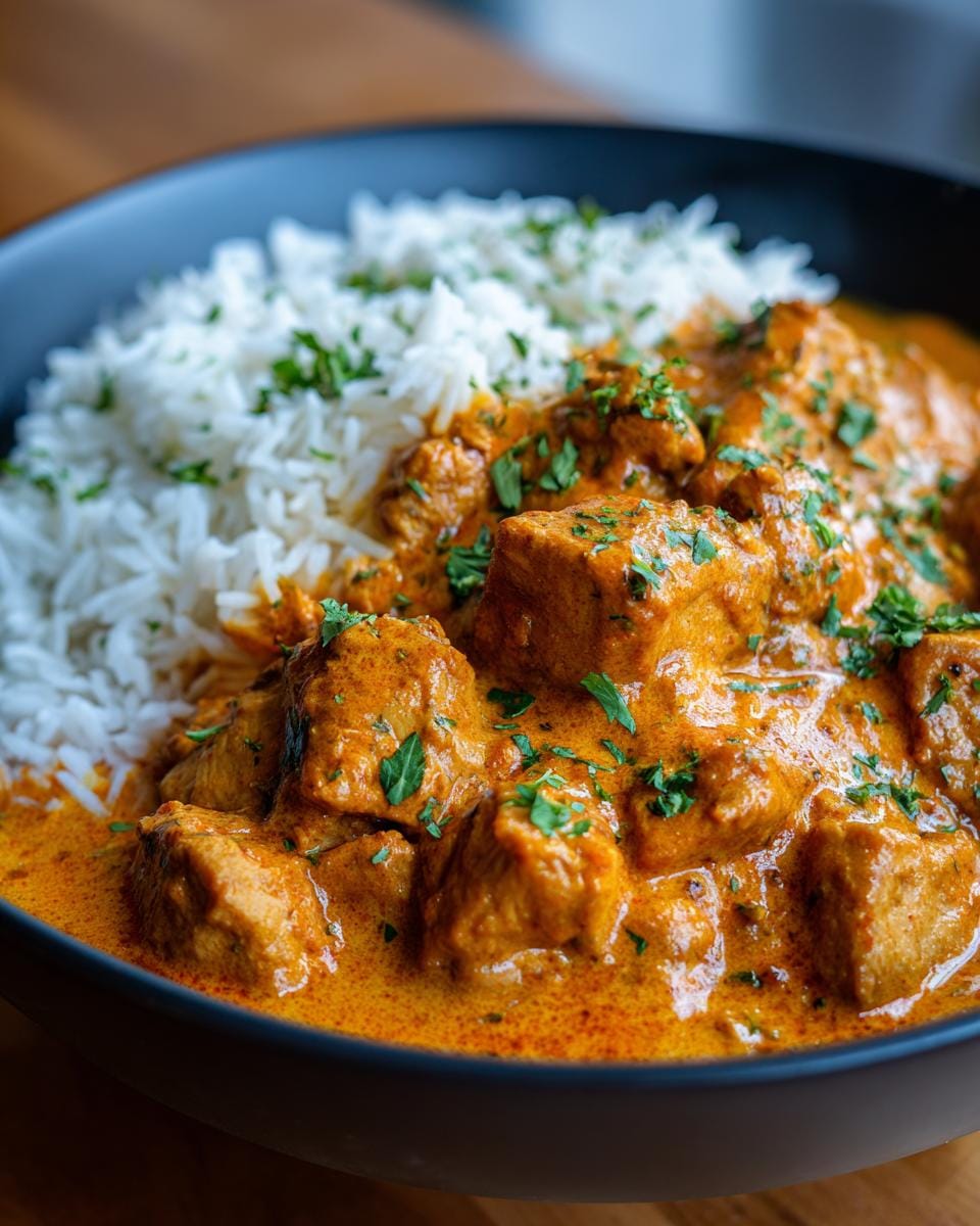 A bowl of creamy Butter Chicken mit Reis, garnished with fresh herbs. Perfect for a quick and flavorful curry.