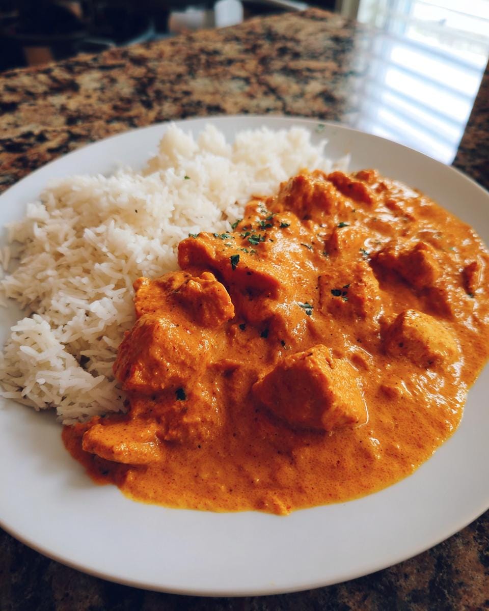 Delicious Butter Chicken mit Reis, a creamy curry dish, served on a white plate.