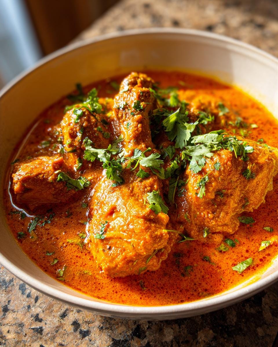 Close-up of Butter Chicken zum Lieblingsessen in a bowl, garnished with fresh cilantro.